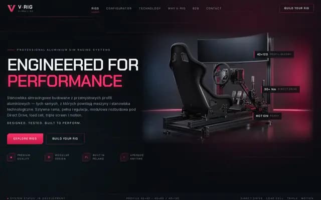 V-RIG Simracing — strona produktowa marki stanowisk simracingowych