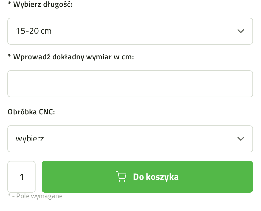 Panel zakupowy przed zmianami: lista długości z automatycznie zaznaczoną wartością 15-20 cm, puste pole na dokładny wymiar i aktywny zielony przycisk Do koszyka