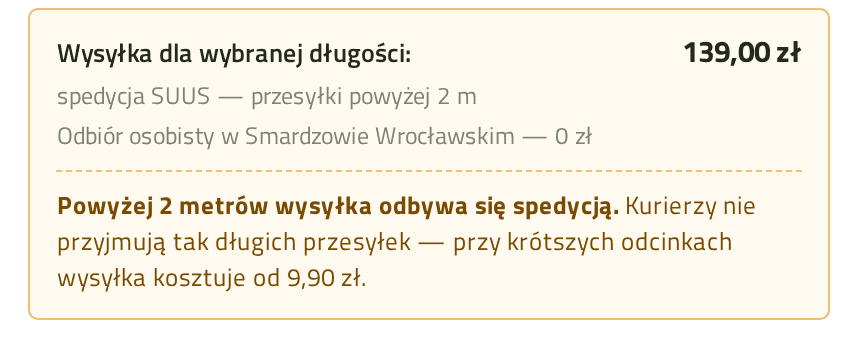 Ta sama ramka po wybraniu długości 295 cm: 139 zł spedycją SUUS wraz z wyjaśnieniem, że kurierzy nie przyjmują przesyłek powyżej dwóch metrów